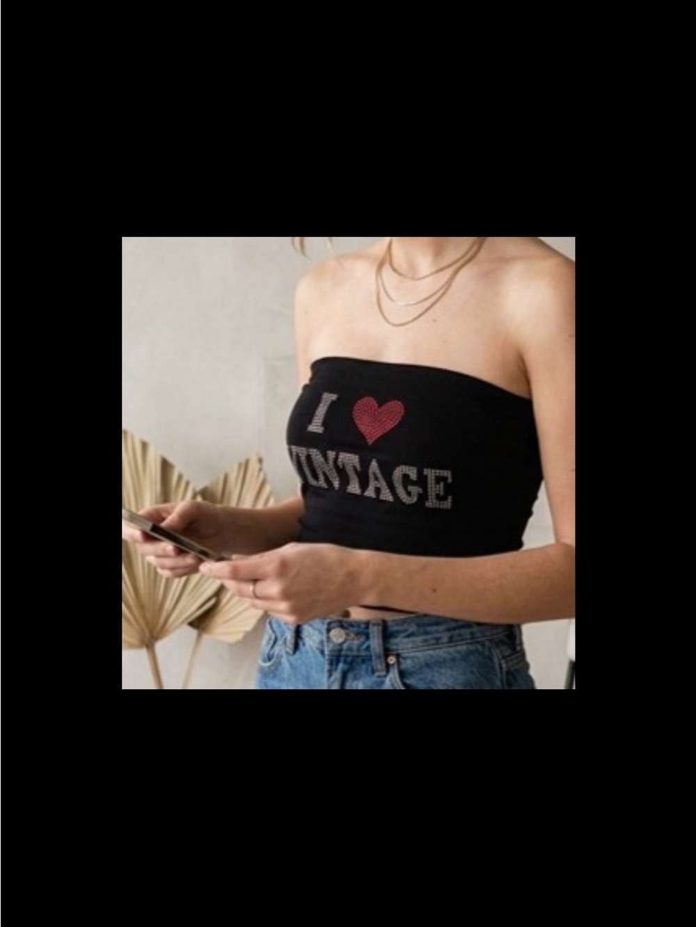 Black 'I ❤️ Vintage' Strapless Tube Crop Top